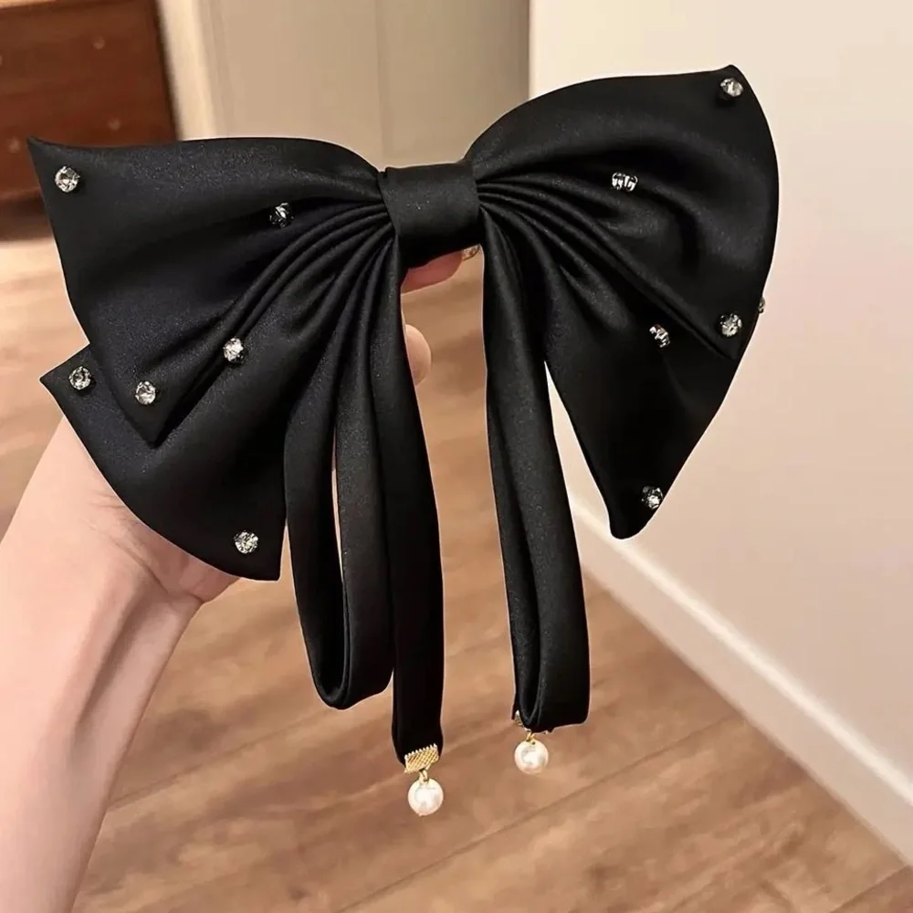 Oversized Beige Bow Rhinestone French Barrette Hair Clip